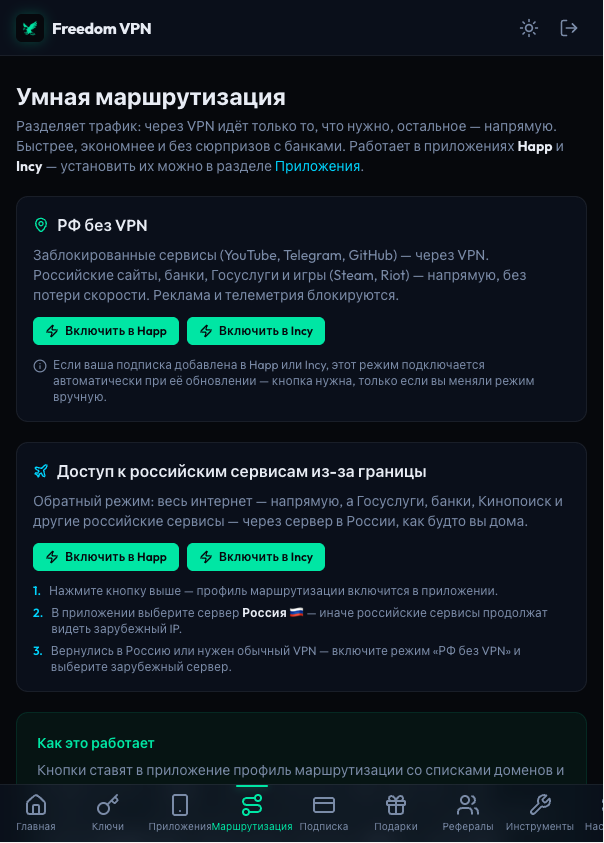 Страница «Умная маршрутизация» в личном кабинете